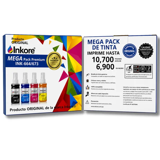 Mega Pack Tinta Inkore® CMYK 400 ml para uso en Epson Serie 664-673